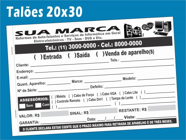 05 Talões de Notas 20x30 Cm - 50x2 Vias,100 Folhas - SEM NÚMERO, com Serrilha e Grampo - Sulfite 75g